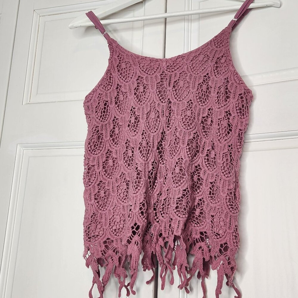 Belle Tweed Boho Crochet Lace Tank Top Small Petite Dusty Rose - Picture 5 of 5